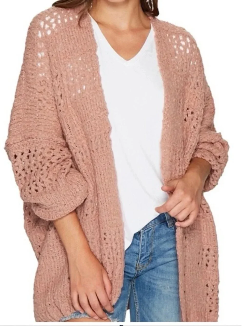 Free People Saturday Morning XS/Small Chunky Knit Boho Cardigan Dusty Rose